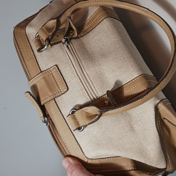 Etienne Aigner  Double Handle Jute Satchel shoulder bag in cream and tan - Picture 7 of 10